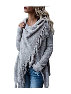 CEASIKERY Women's Tassel Hem Sweater Long Cardigan Knitwer Pullover Poncho Coat