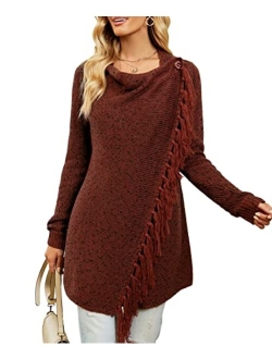 CEASIKERY Women's Tassel Hem Sweater Long Cardigan Knitwer Pullover Poncho Coat