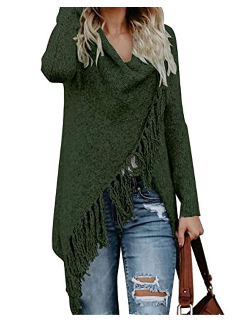 CEASIKERY Women's Tassel Hem Sweater Long Cardigan Knitwer Pullover Poncho Coat