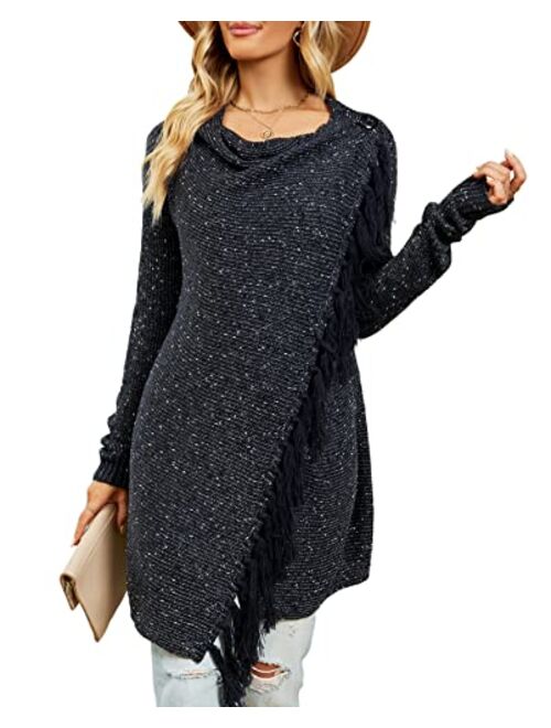 CEASIKERY Women's Tassel Hem Sweater Long Cardigan Knitwer Pullover Poncho Coat