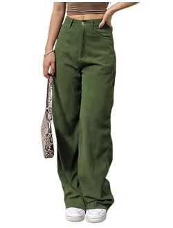 SCUSTY Women's Vintage Corduroy High Elastic Waist Wide Leg Pocketed Pants Trouser