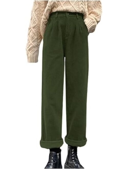 Cyparel Women's Vintage High Waisted Straight Leg Corduroy Pants Trouser