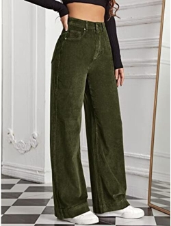 Women's Hight Waist Corduroy Velvet Slant Pocket Wide Leg Pants