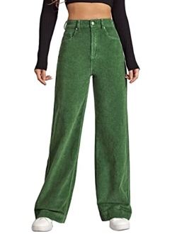 Women's Hight Waist Corduroy Velvet Slant Pocket Wide Leg Pants