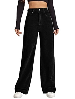 Women's Hight Waist Corduroy Velvet Slant Pocket Wide Leg Pants