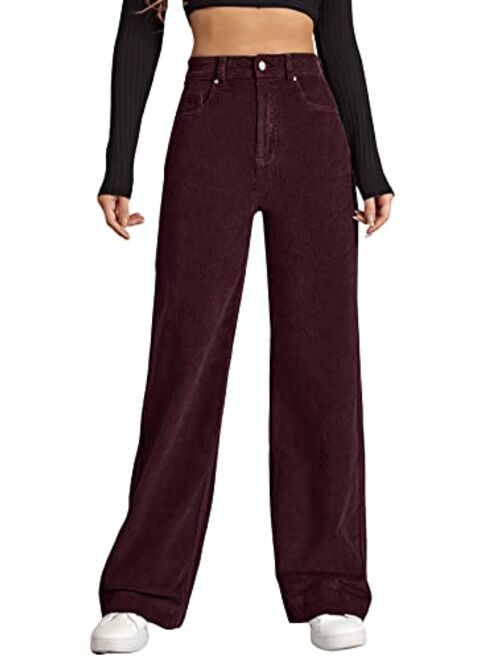 Floerns Women's Hight Waist Corduroy Velvet Slant Pocket Wide Leg Pants