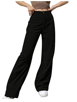 Himosyber Corduroy Pants for Women Wide Leg High Waist Loose Comfy Trousers with Pockets