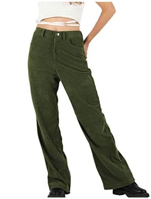 Himosyber Corduroy Pants for Women Wide Leg High Waist Loose Comfy Trousers with Pockets