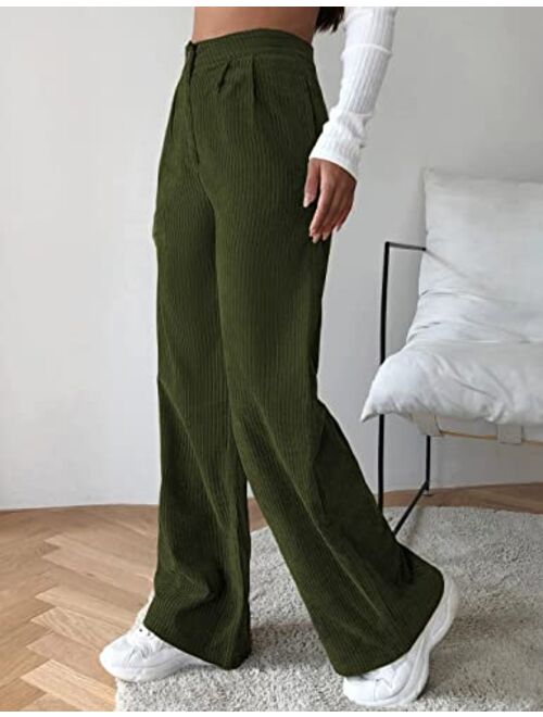 Himosyber Corduroy Pants for Women Wide Leg High Waist Loose Comfy Trousers with Pockets