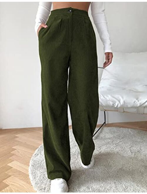 Himosyber Corduroy Pants for Women Wide Leg High Waist Loose Comfy Trousers with Pockets