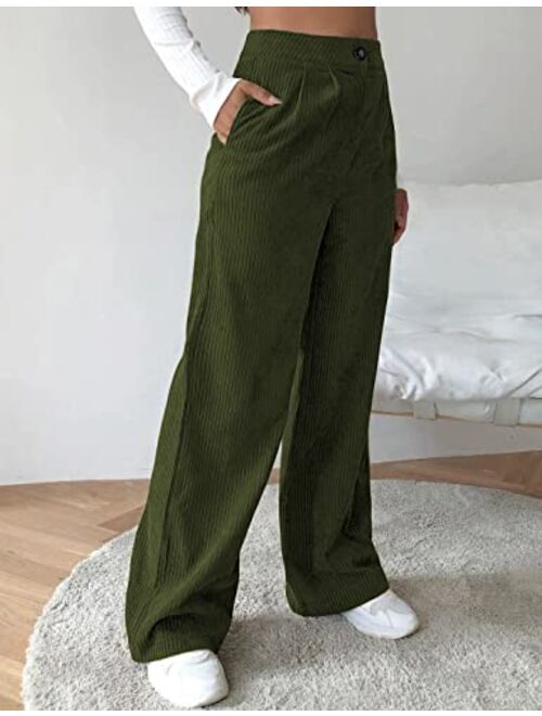 Himosyber Corduroy Pants for Women Wide Leg High Waist Loose Comfy Trousers with Pockets