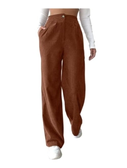 CXXQ Women Corduroy Wide Leg Pants Casual Elastic Waist Retro Trouser with Pockets