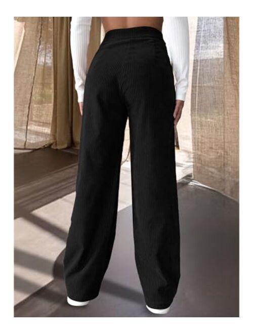 CXXQ Women Corduroy Wide Leg Pants Casual Elastic Waist Retro Trouser with Pockets