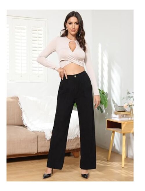 CXXQ Women Corduroy Wide Leg Pants Casual Elastic Waist Retro Trouser with Pockets