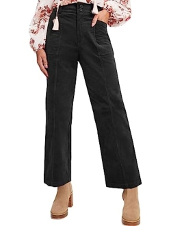 Acelitt Women Casual Fall Straight Leg Elastic Waist Corduroy Pants with Pockets, S-XXL