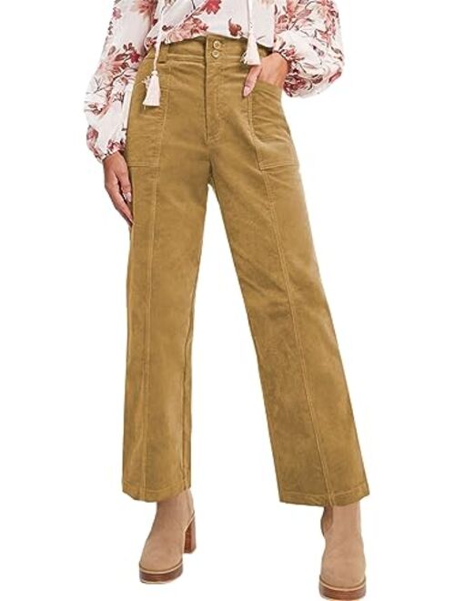 Acelitt Women Casual Fall Straight Leg Elastic Waist Corduroy Pants with Pockets, S-XXL