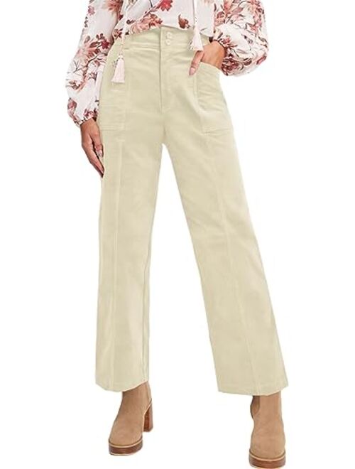 Acelitt Women Casual Fall Straight Leg Elastic Waist Corduroy Pants with Pockets, S-XXL