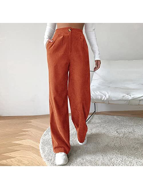 Generic Womens Trousers 2023 Casual High Waist Cord Solid Wide Leg Straight Pants Plus Size Long Corduroy Pants with Pockets