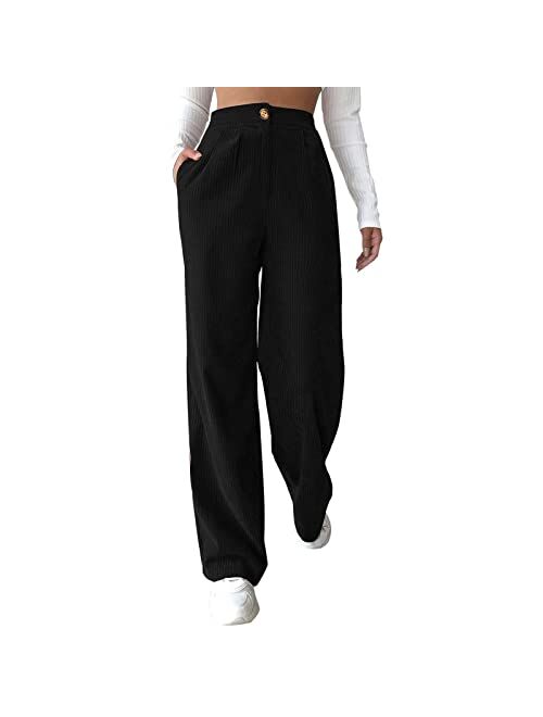 Generic Womens Trousers 2023 Casual High Waist Cord Solid Wide Leg Straight Pants Plus Size Long Corduroy Pants with Pockets