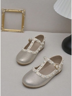 Girls Faux Pearl Decor T-strap Fashionable Mary Jane Flats For Outdoor