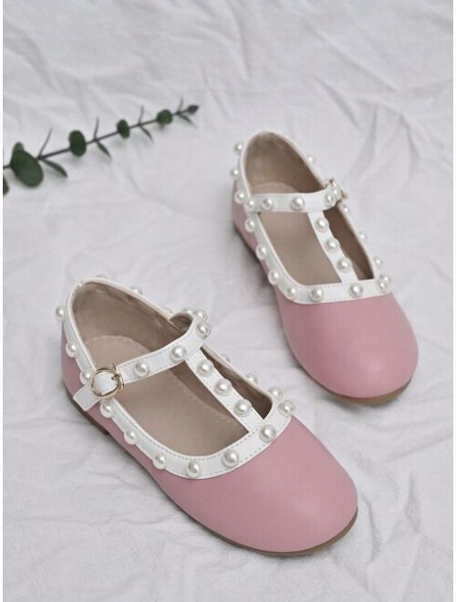 Shein Girls Faux Pearl Decor T-strap Fashionable Mary Jane Flats For Outdoor