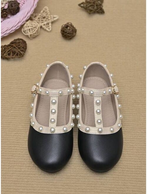 Shein Girls Faux Pearl Decor T-strap Fashionable Mary Jane Flats For Outdoor