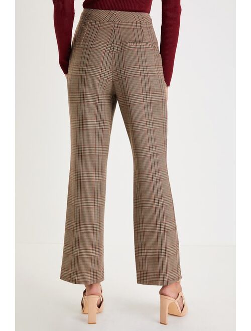 Lulus Completely Posh Brown Plaid High Waisted Straight Leg Pants