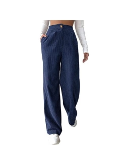 sdbrld Corduroy Pants for Women Vintage High Waisted Straight Wide Leg Pants Fall Winter Work Lounge Trousers with Pockets