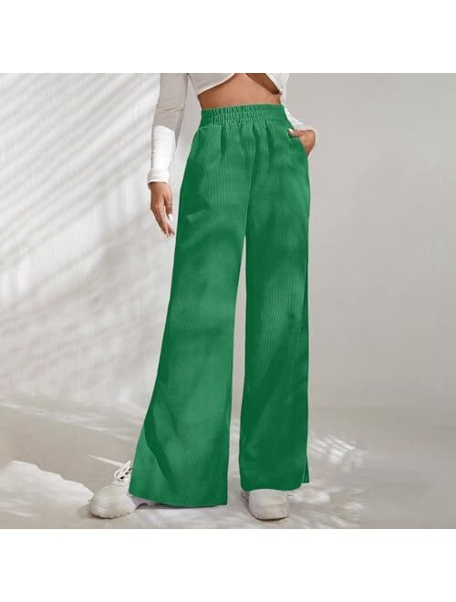 sdbrld Corduroy Pants for Women Vintage High Waisted Straight Wide Leg Pants Fall Winter Work Lounge Trousers with Pockets