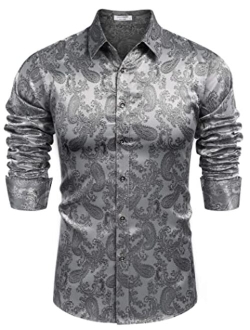 Men's Floral Printed Dress Shirt Long Sleeve Paisley Button Down Shirts for Wedding Party Prom