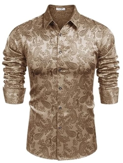 Men's Floral Printed Dress Shirt Long Sleeve Paisley Button Down Shirts for Wedding Party Prom