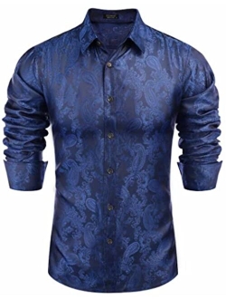 Men's Floral Printed Dress Shirt Long Sleeve Paisley Button Down Shirts for Wedding Party Prom