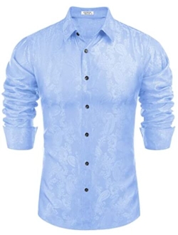 Men's Floral Printed Dress Shirt Long Sleeve Paisley Button Down Shirts for Wedding Party Prom