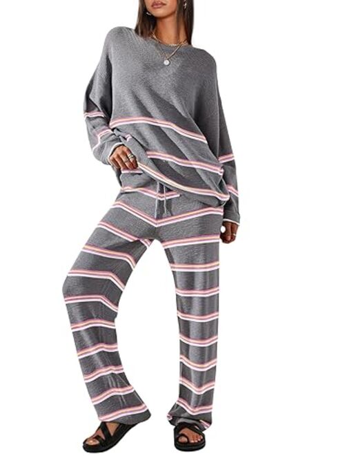 LILLUSORY 2 Piece Outfits for Women 2023 Oversized Fall Lounge Sets Striped Sweaters Cozy Knit Long Sleeve Pullover