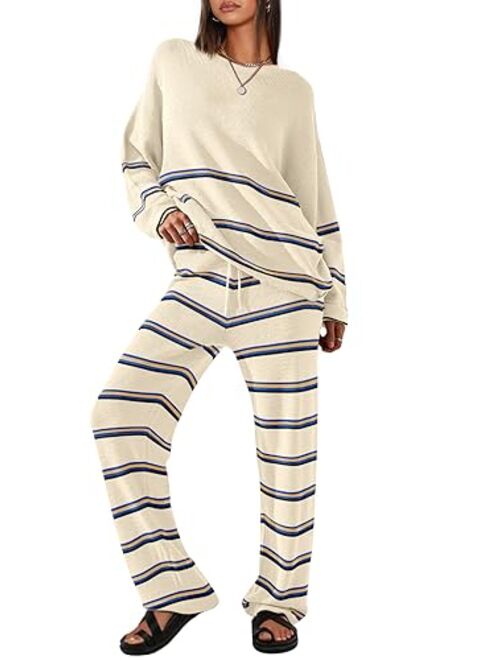 LILLUSORY 2 Piece Outfits for Women 2023 Oversized Fall Lounge Sets Striped Sweaters Cozy Knit Long Sleeve Pullover