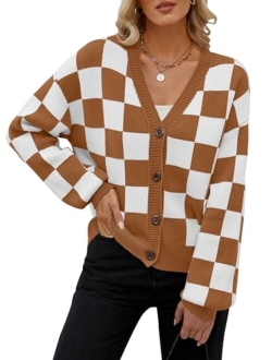 Women's Cropped Cardigan Sweater Plaid Long Sleeve Button V Neck Open Front Knit Outerwear