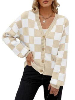 Women's Cropped Cardigan Sweater Plaid Long Sleeve Button V Neck Open Front Knit Outerwear