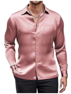 Men's Luxury Satin Dress Shirt Shiny Silk Long Sleeve Button Up Shirts Wedding Shirt Party Prom