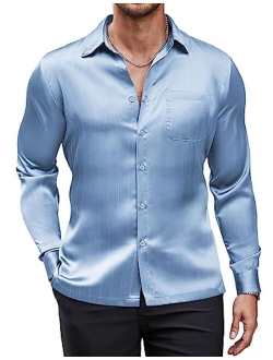 Men's Luxury Satin Dress Shirt Shiny Silk Long Sleeve Button Up Shirts Wedding Shirt Party Prom