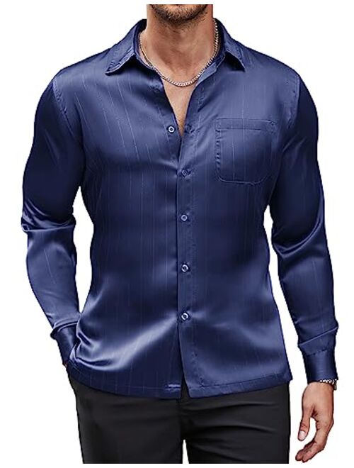 COOFANDY Men's Luxury Satin Dress Shirt Shiny Silk Long Sleeve Button Up Shirts Wedding Shirt Party Prom