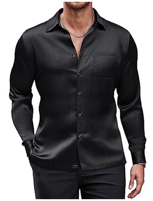 COOFANDY Men's Luxury Satin Dress Shirt Shiny Silk Long Sleeve Button Up Shirts Wedding Shirt Party Prom