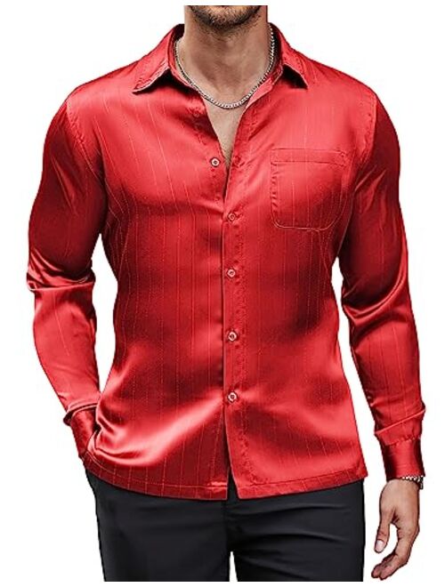 COOFANDY Men's Luxury Satin Dress Shirt Shiny Silk Long Sleeve Button Up Shirts Wedding Shirt Party Prom