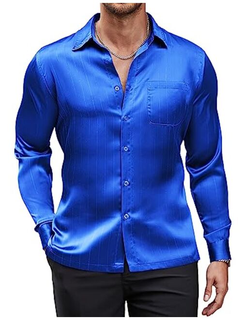 COOFANDY Men's Luxury Satin Dress Shirt Shiny Silk Long Sleeve Button Up Shirts Wedding Shirt Party Prom