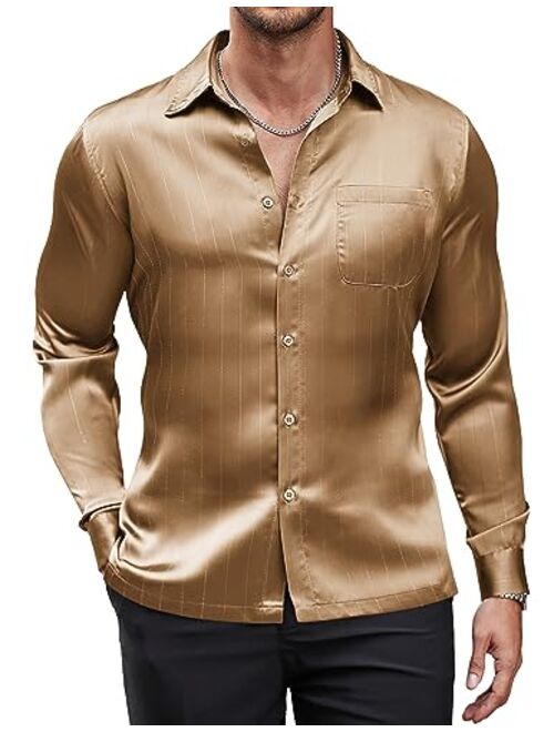 COOFANDY Men's Luxury Satin Dress Shirt Shiny Silk Long Sleeve Button Up Shirts Wedding Shirt Party Prom