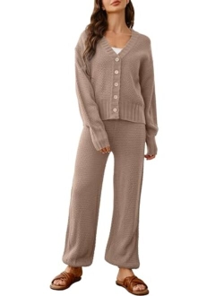 Glamaker Women's 2 Piece Outfits Oversized Sweater Set Lounge Sets Knit Cardigan Sweaters and Pants Loungewear