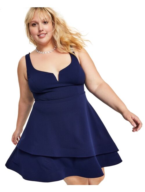 B DARLIN Trendy Plus Size Notched-Neck Tiered-Hem Dress