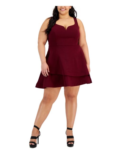 B DARLIN Trendy Plus Size Notched-Neck Tiered-Hem Dress