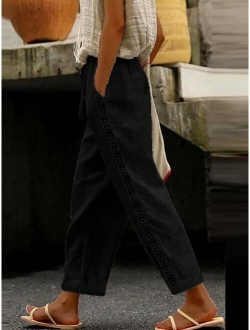 Women s Straight Linen Mid Waist Casual Streetwear Vacation Lace Pocket Solid Color Long Pants