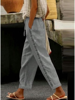 Women s Straight Linen Mid Waist Casual Streetwear Vacation Lace Pocket Solid Color Long Pants