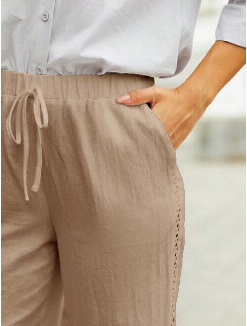 Women s Straight Linen Mid Waist Casual Streetwear Vacation Lace Pocket Solid Color Long Pants